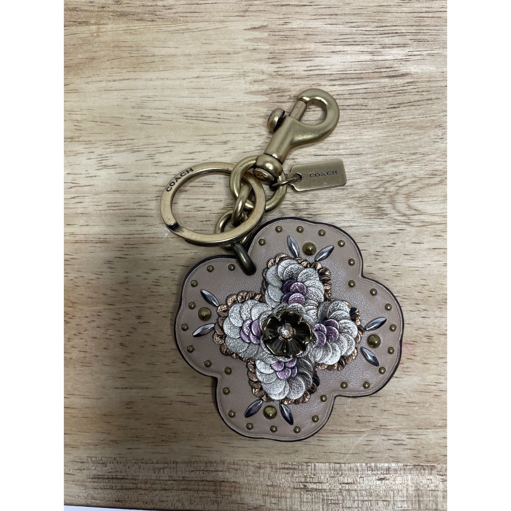 COACH Leather Sequin Appliqué Tea Rose Bag Charm in Beechwood and Gold - Picture 7 of 8